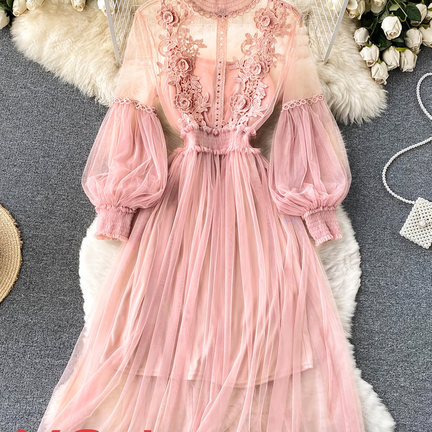 Ensemble Robe Élégante Femme – Blouse Transparente Brodée Florale avec Manches Lanternes, Jupe Longue Fluide, Débardeur en Dentelle, Idéal Printemps/Été/Automne, Cadeau Luxueux pour Femme