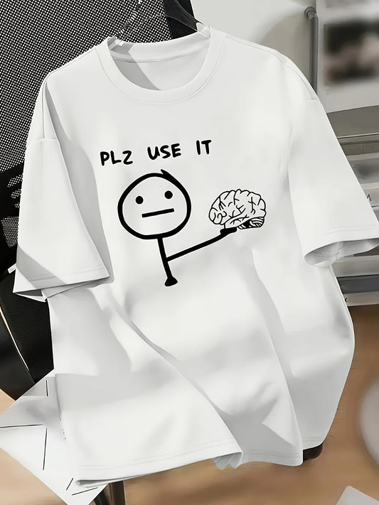 Men'S Funny Graphic T-Shirt - "PLZ USE IT" with Stick Figure & Brain Design - Royal Blue Crew Neck Tee - Lightweight Summer Shirt for Everyday Casual Wear - Funny Conversation Starter Apparel for Men, Humorous Clothing, Playf