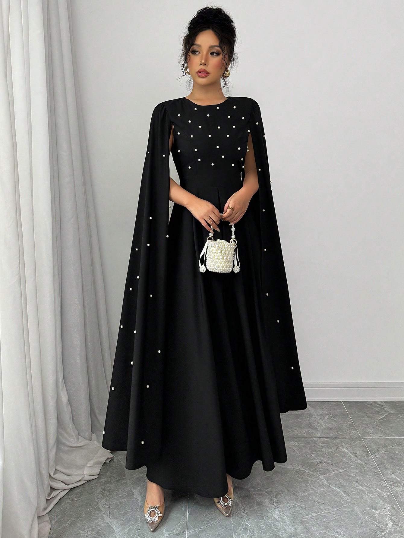 Cloak Sleeve Dress with Pearl Embellishments, Elegant And Fitted, Vintage Style, Evening Gown.