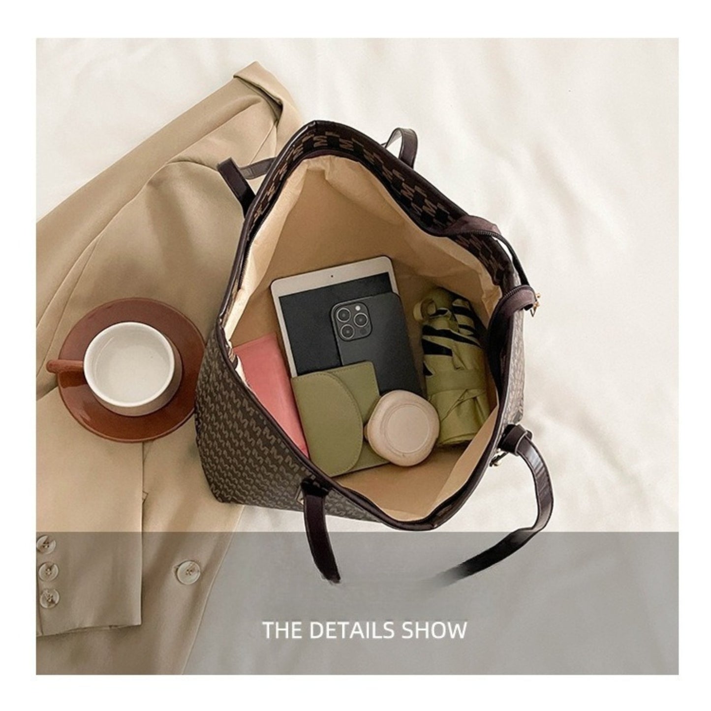 Sac cabas femme à motif en M – élégant imprimé géométrique en PU, grande capacité, bandoulière chaîne dorée avec logo "M", plusieurs compartiments, fermeture zippée, sac convertible pour usage quotidien