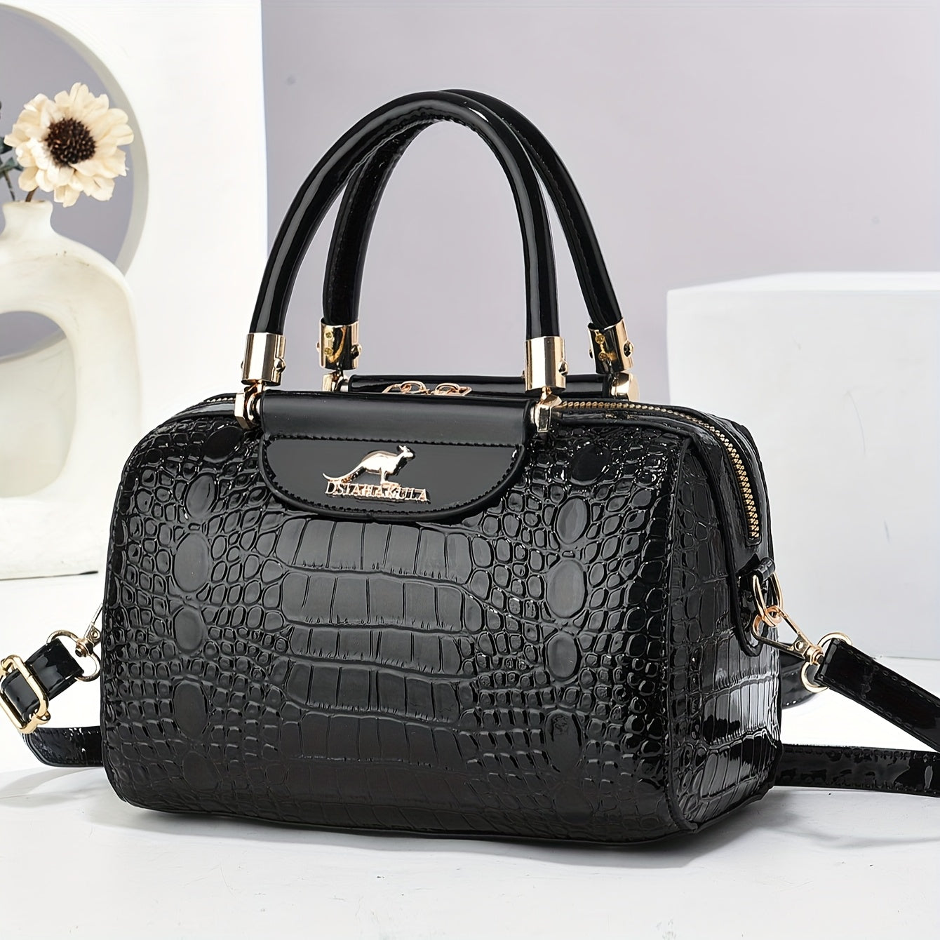 Sac noir en PU pour femmes – motif crocodile brillant, fermeture zippée, grande capacité, sac oreiller, bandoulière simple, idéal travail, trajets et voyage