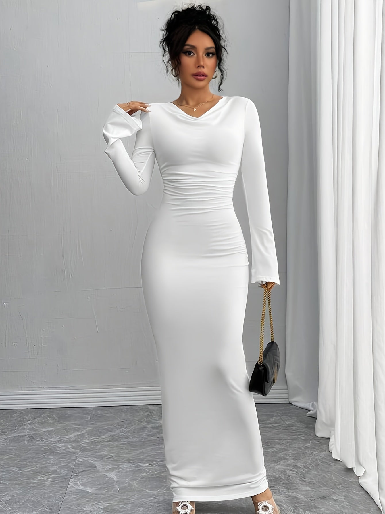 Women's Elegant White Bell Sleeve Maxi Dress - Long Formal Party Wedding Guest Gown, Fitted Dress for Autumn/Winter, Machine Washable with Chest Wrinkle Detail, No  Required, Teacher Outfit & Travel Attire suitable for Weddin
