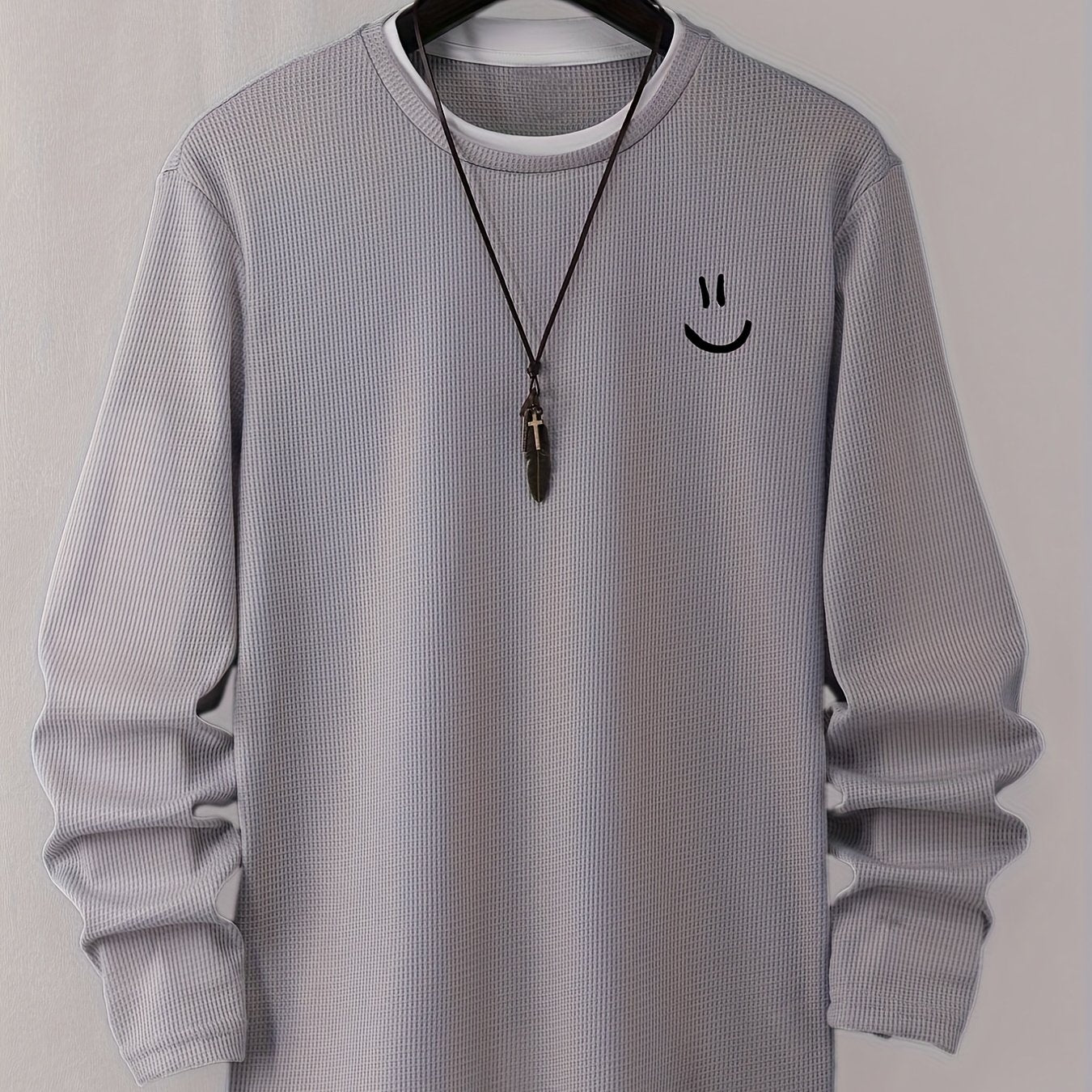 Stylish Cartoon joyful Print Comfortable Sweat-Absorbing Waffle Knit Men's Casual Long Sleeve T-Shirt