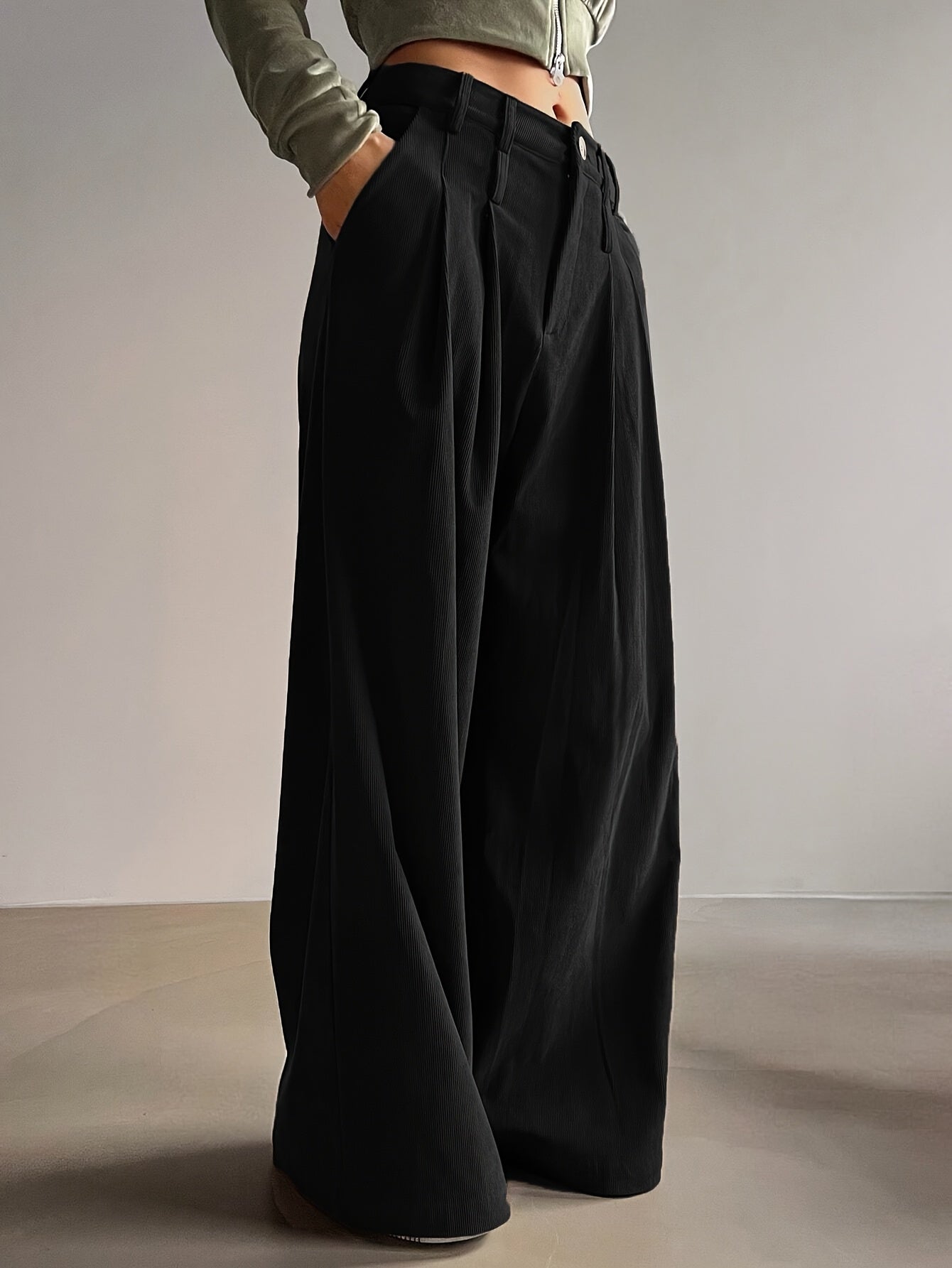 Pantalon Femme Élégant Taille Haute – Jambe Large, Hiver Épais, Boutons, Tissu Non Extensible, Bureau et Décontracté, Automne/Hiver