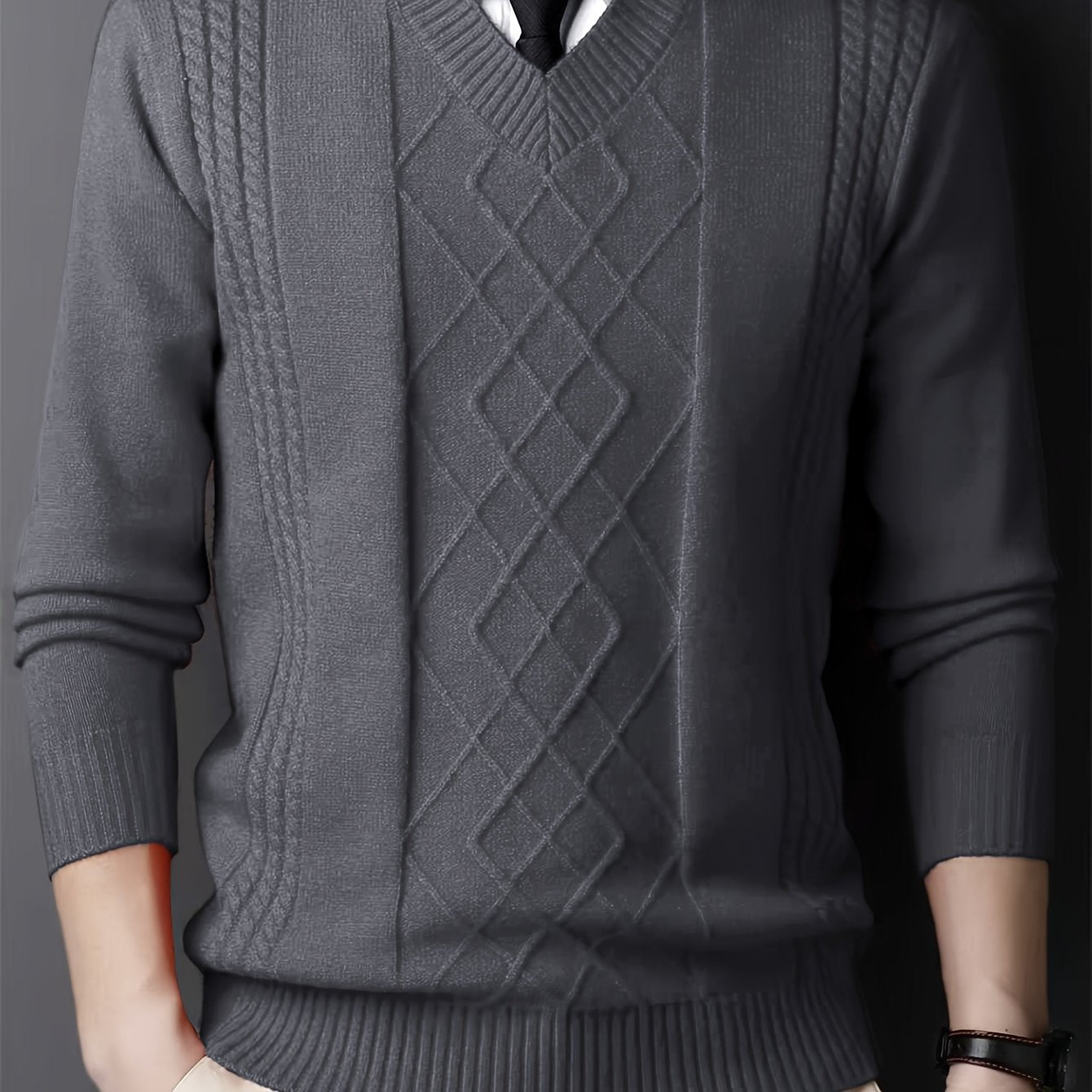 New Men's Knit Sweater with Twisted Floral V-Neck Long Sleeve Casual Top