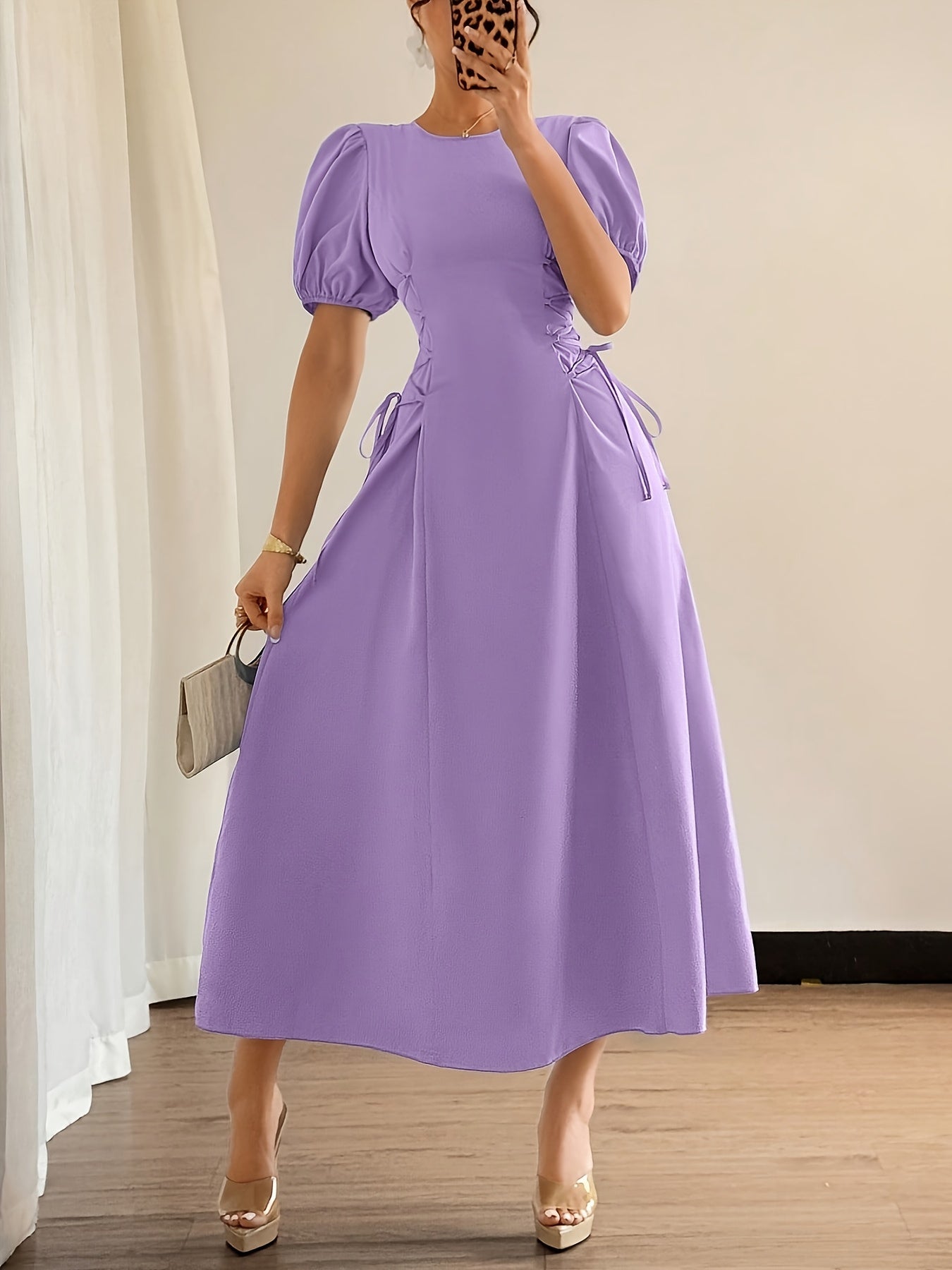 Solid Color Long Dress with Puff Sleeves, Ruffles, and Tie, Suitable for Vacation, Banquet, Party, Formal Wear, and Elegant Dress