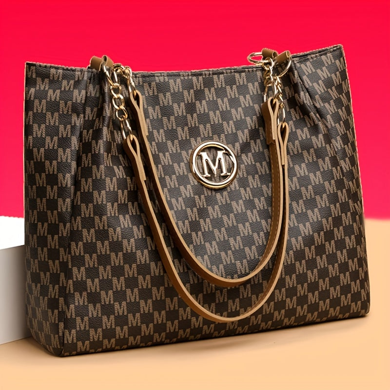 Sac Cabas Femme Élégant et Classique à Monogramme « M » – Grande Capacité, Cuir Synthétique avec Détails Marron, Bandoulières Fixes et Quincaillerie Dorée, Fermeture Éclair, Parfait pour le Travail, Déplacements et Shopping