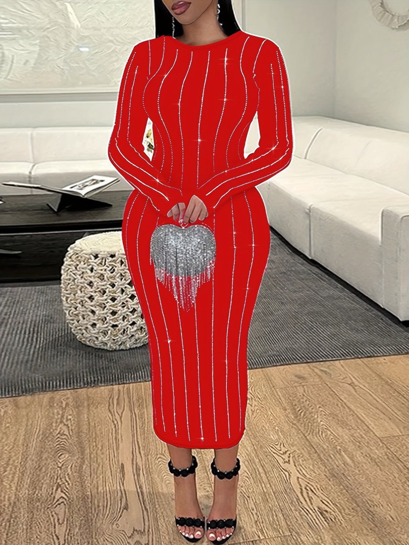 Women's Striped Bodycon Dress Suitable for - Sparkling Rhinestone Round Neck Strapless-able (Strapless Compatible) Dress, Spring/Fall Wedding Guest Dress, Hand Washable Moderate Stretch