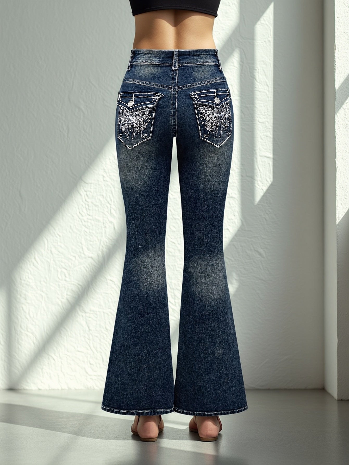 Jeans Femme Élégant Évasé Extensible Denim Poches Brodées Strass Confort Taille Mi-Haute Poches Obliques Toute Saison