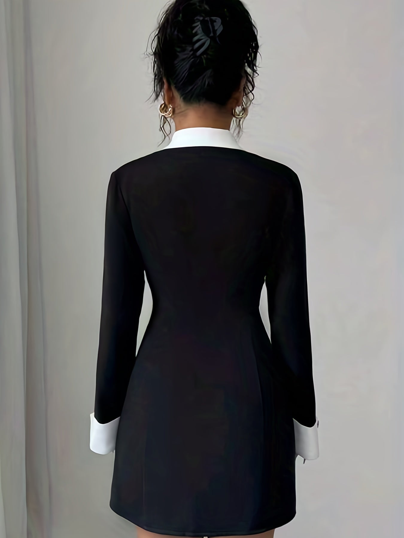 Robe de soirée élégante noire à manches longues contrastées pour femme, avec fermeture croisée et col à revers - Coupe trapèze structurée, lavable en machine, idéale en toute saison pour les fêtes, mariages, galas
