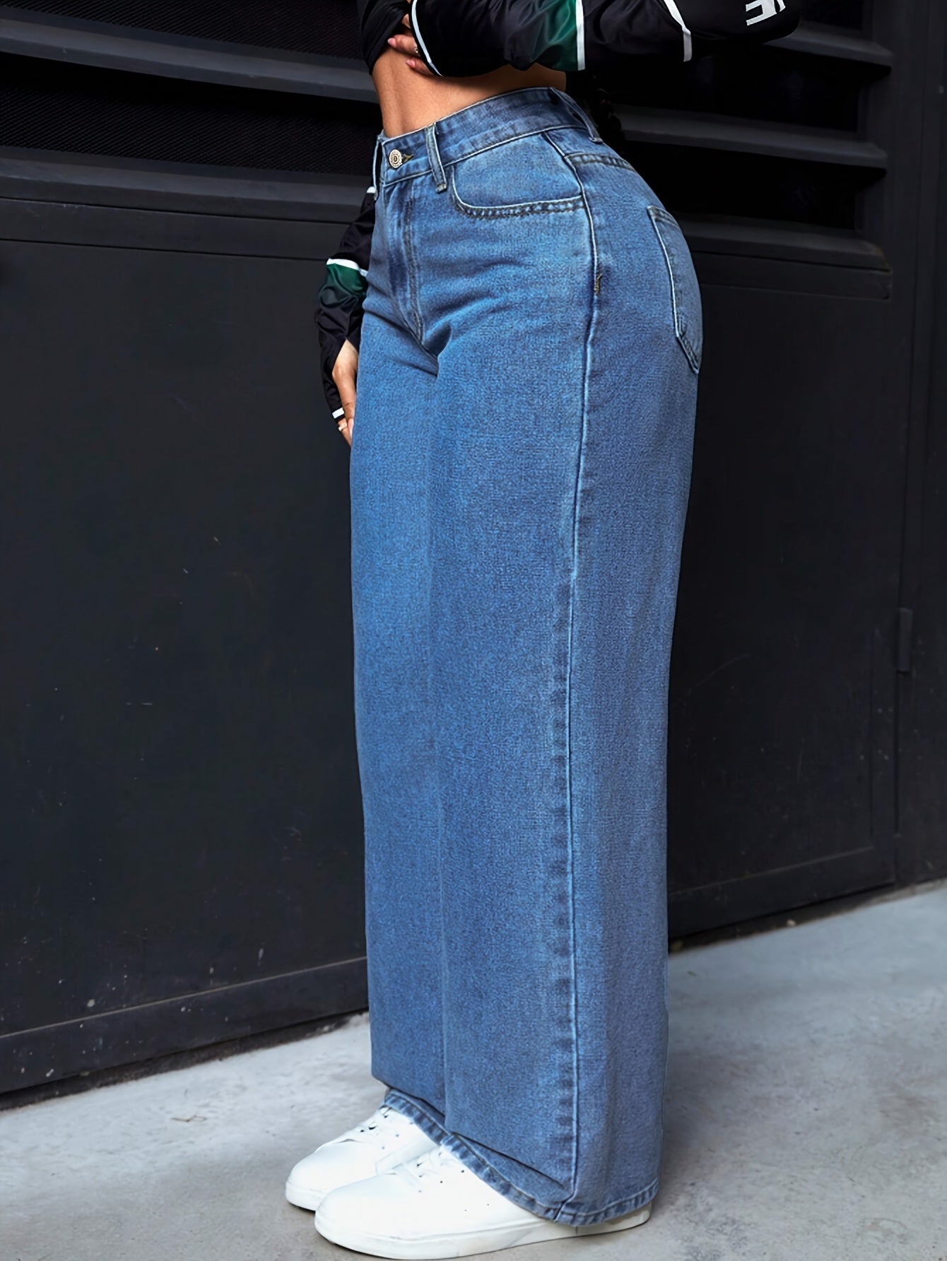 Jeans Femme Bleu Taille Haute Jambe Large Extensible Polyvalent