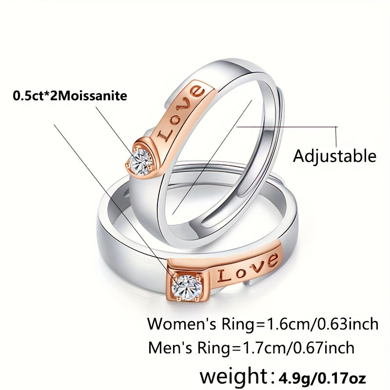 1ct Moissanite S925 Silver Plated Couple Rings, Elegant Bohemian Style, Heart-Shaped LOVE Design, Valentine'S Day Gift, Music Festival Accessory, Spring Season Jewelry, Copper Material, with Gift Box, Couple Ring, Engagement