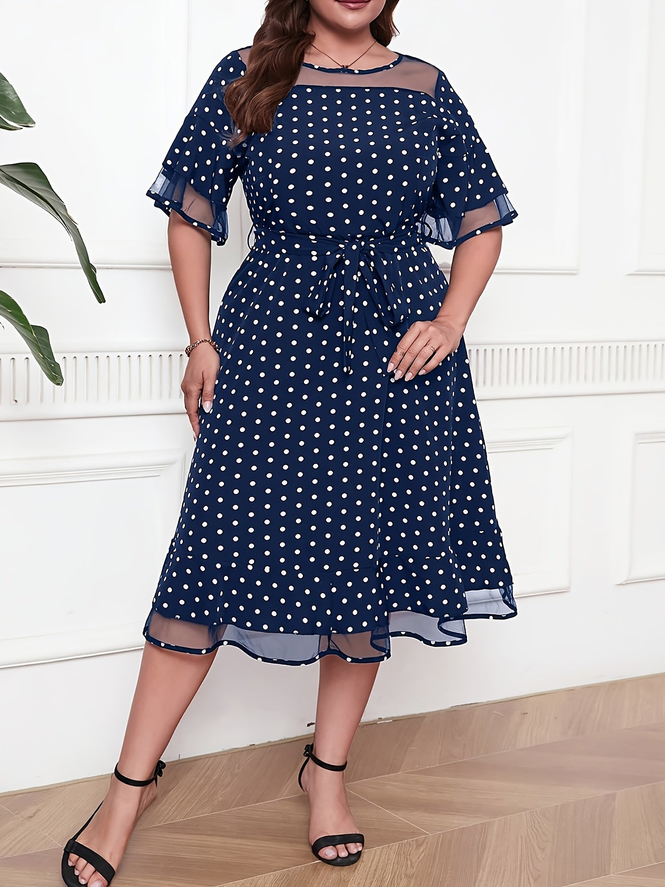 Robe Été Femme Grande Taille – Élégante, Imprimé à Pois, Col Rond, Dos à Nouer, Manches Courtes, Jupe