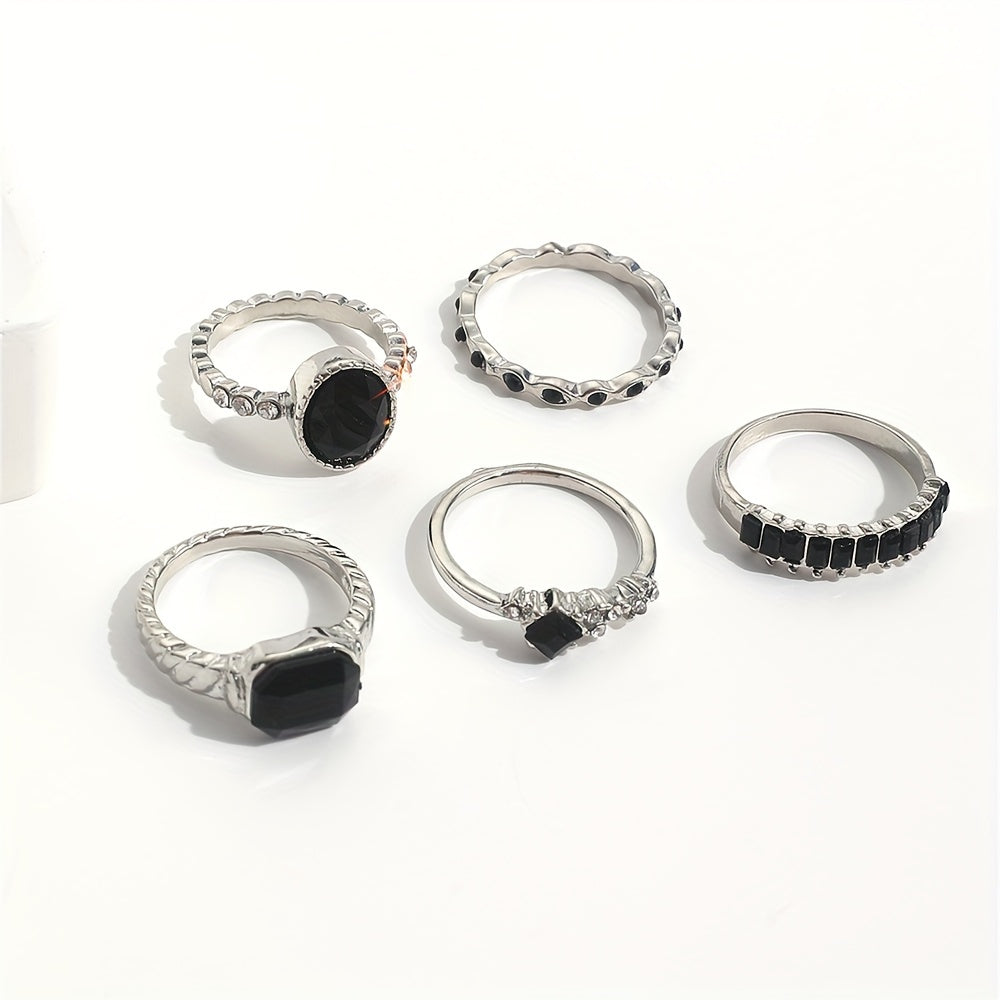5pcs Alloy Black Rhinestone Ring Set, Minimalist Vintage Elegant Thin Jointed Ring Stackable Collection