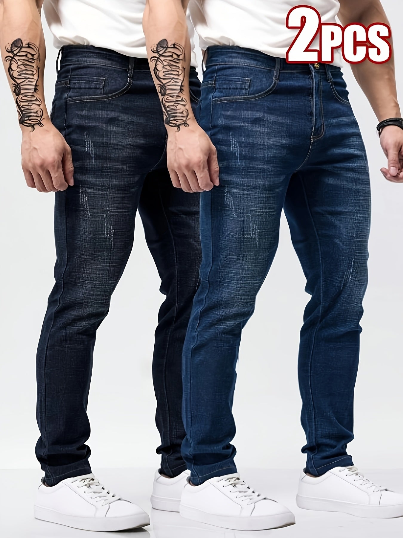 Lot de 2 jeans skinny homme – Style casual, tissu légèrement extensible, couleur unie, longueur normale, toutes saisons avec poches