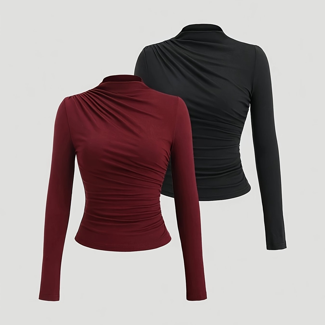 Lot de 2 t-shirts à manches longues pour femmes col montant plissé couche de base manches longues printemps été automne