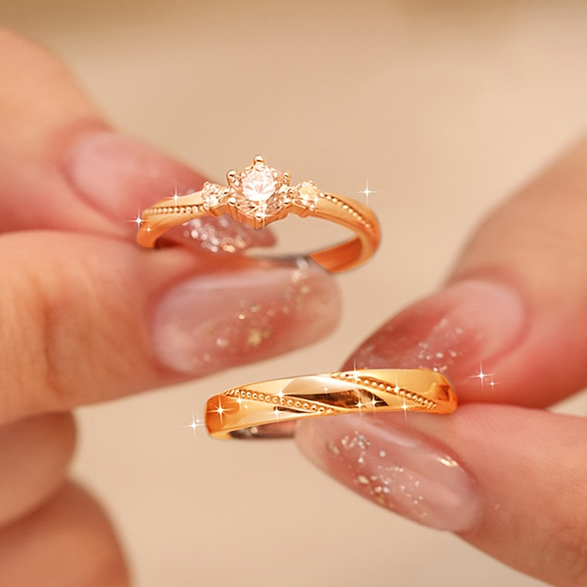 Set of 2 Cubic Synthetic Zircon Engagement Rings, Silver Plated Wedding Proposal Jewelry for Women, Promise Ring, Engagement Ring, Eternity Ring, Wedding