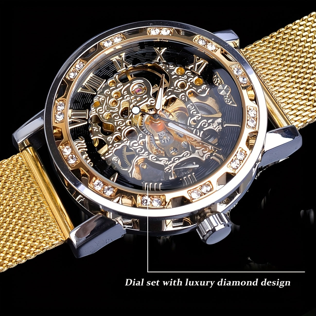 Elegant Men'S Mechanical Watch with Rhinestone Accents & Hollow Mesh Band - Stainless Steel, Zinc Alloy Case, Business Style, Self-Winding Movement, Pointer Display, No Battery Needed, Business Watch | Elegant Watch | Durable