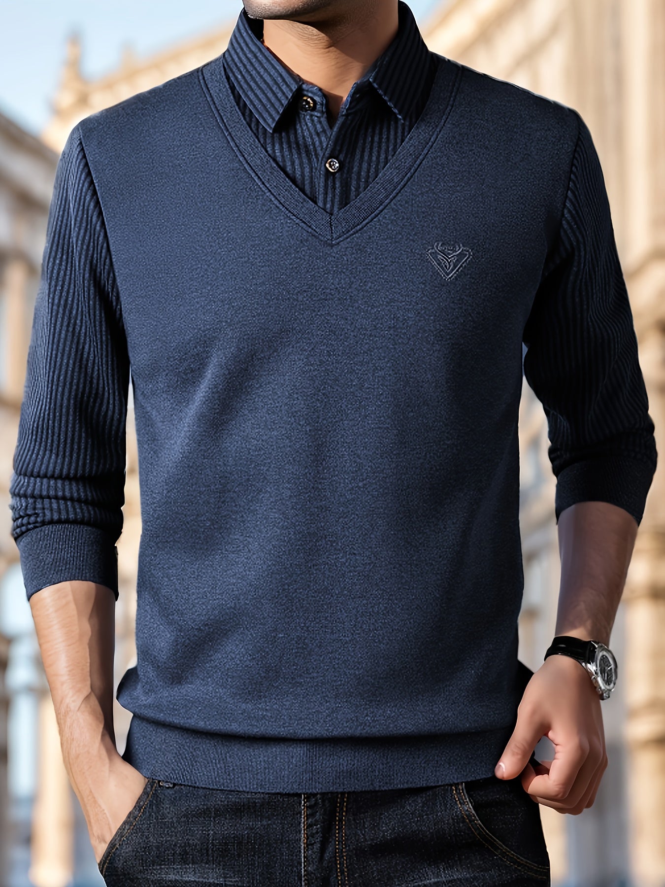 Men's Casual Knit Polyester Sweater - Long Sleeve Layered-Look Lapel Collar with Striped Pattern and Embroidered Detail - Perfect for Sports, Travel, and Office Wear - Spring/Fall Lightweight Stretch Pullover