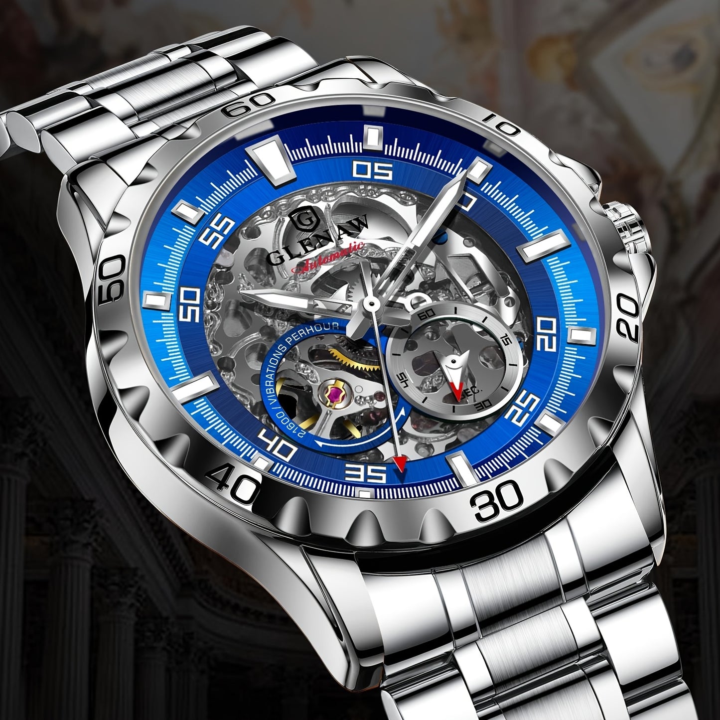 Men'S Automatic Watch with Flying Tourbillon Rotating Skeleton Mechanism - Stainless Steel Strap, Golden-Tone Dial, Mechanical Self-Winding Movement, Without Battery, Casual Style, Pointer Display