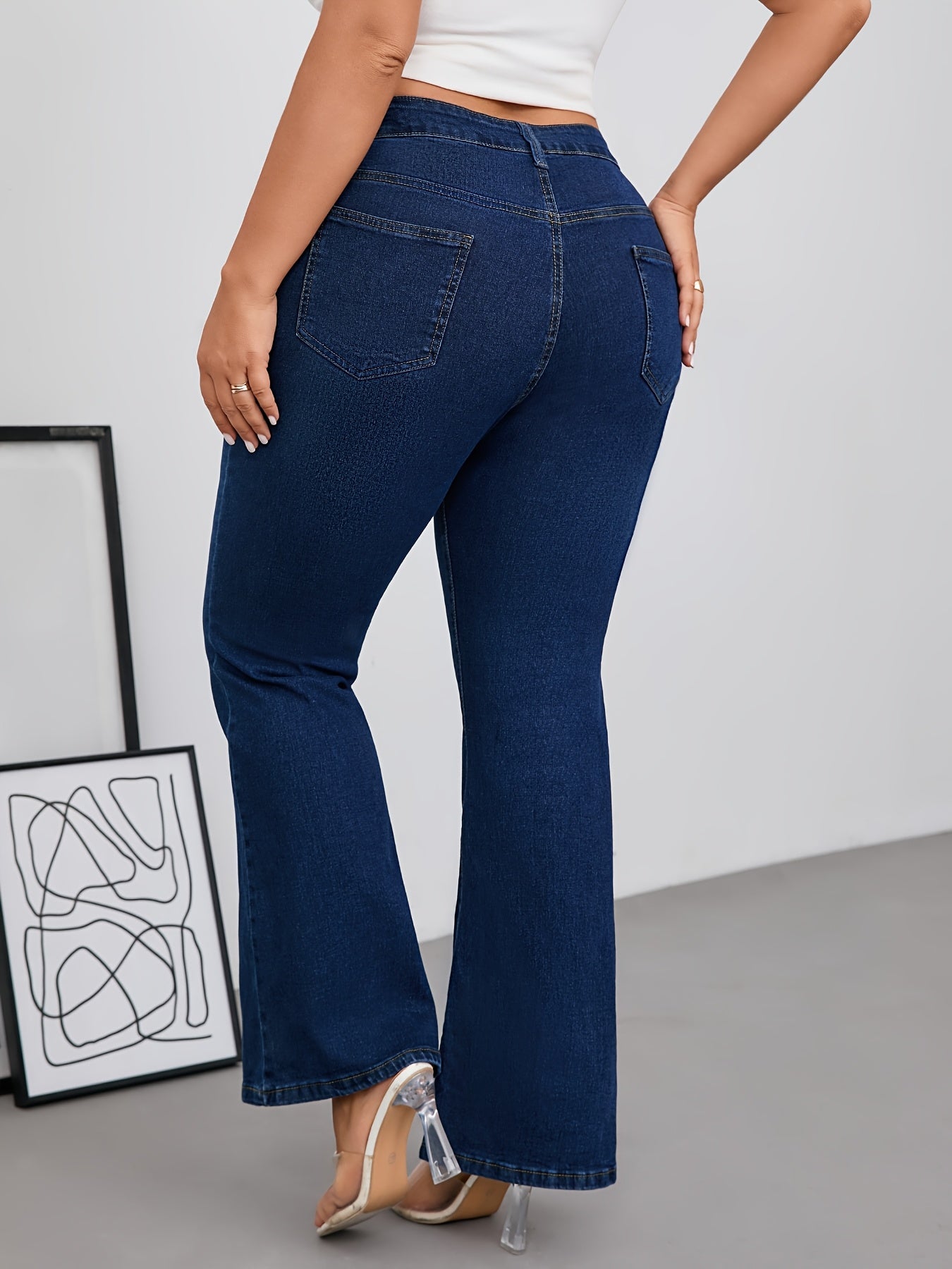 Jeans Femme Grande Taille Taille Haute Évasé Extensible Bleu Poches Obliques Boutons Toute Saison Élégant Décontracté et Formel