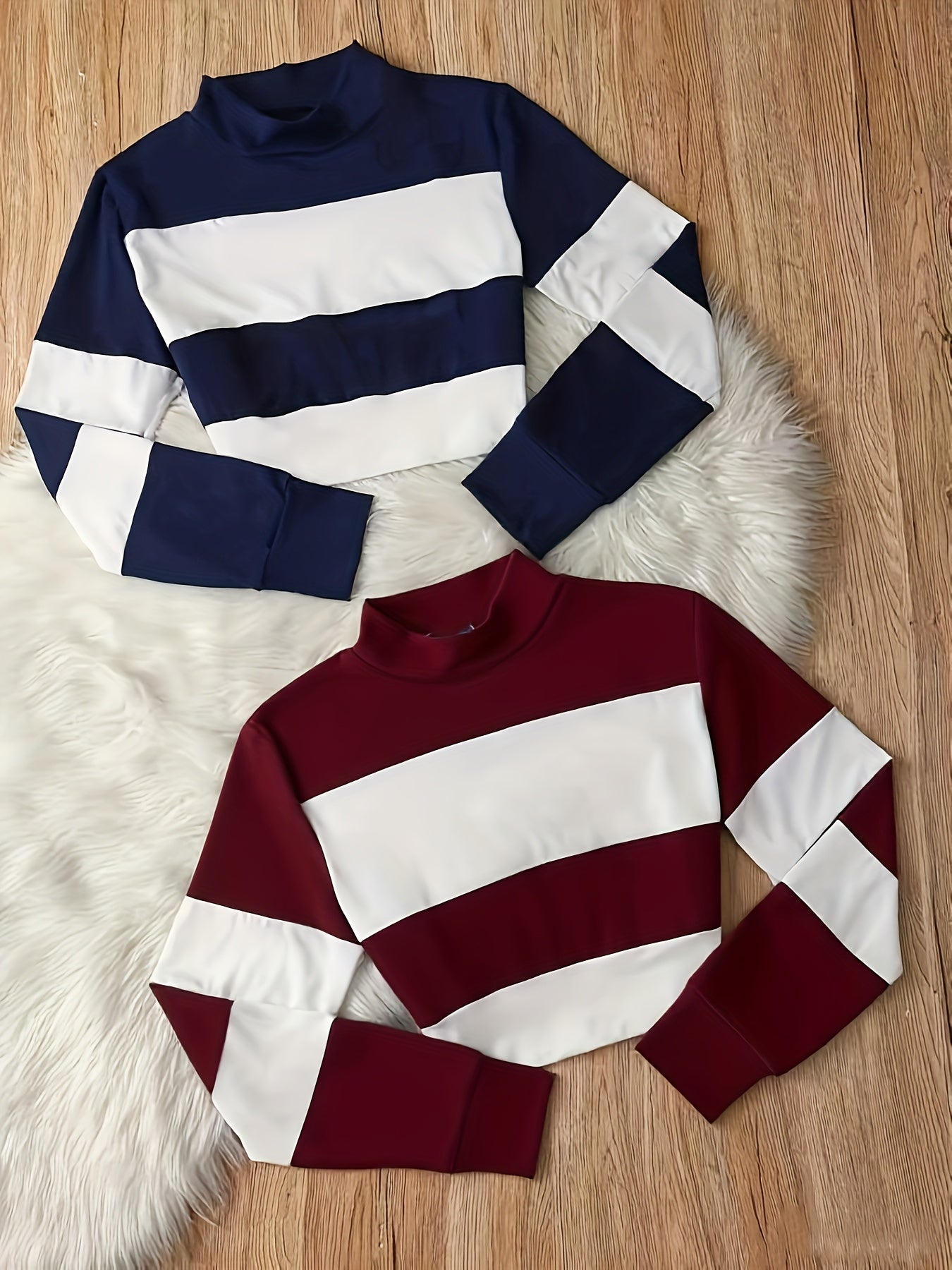 Set Femme 2 Pièces T-Shirt Long Bloc Couleurs et Crop Top Col Montant