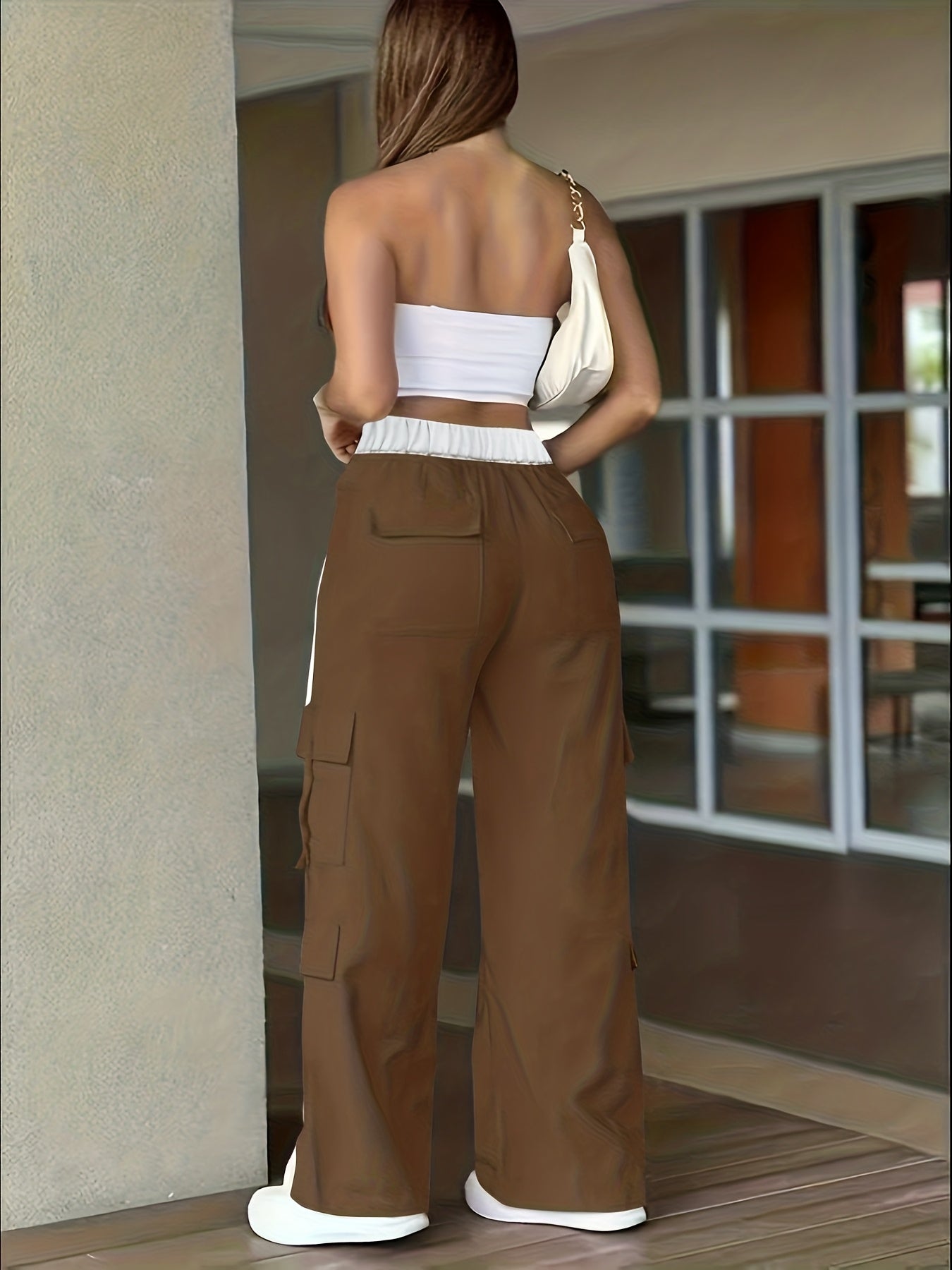 Pantalon Cargo Femme Robuste – Bandes Blanches et Grandes Poches, Tous Saisons, Sans Ceinture