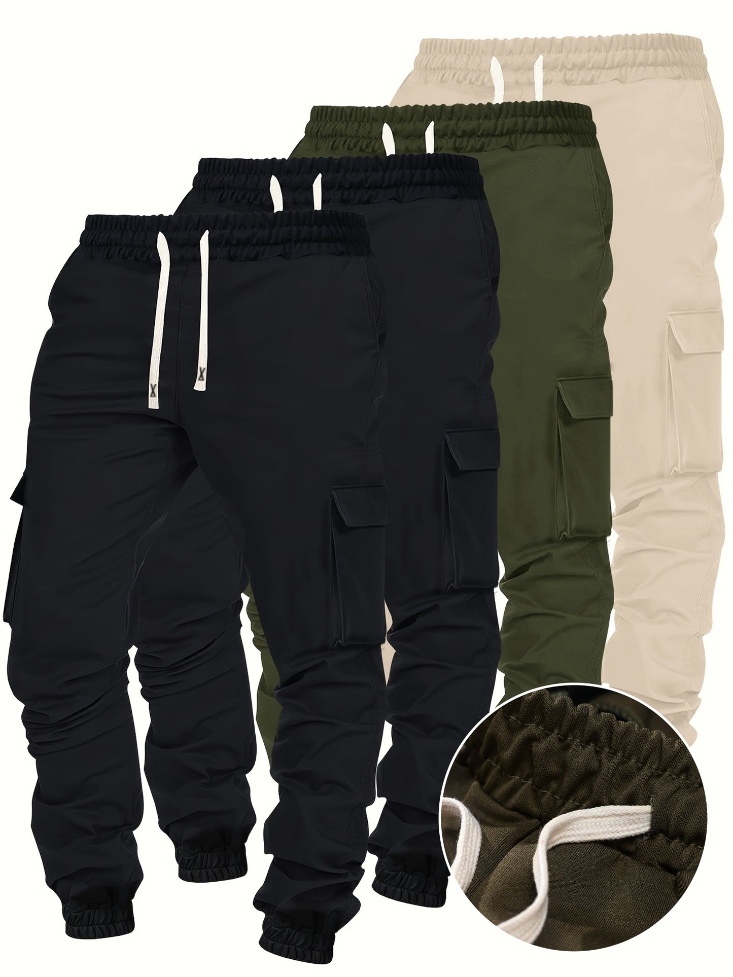 Lot de 4 pantalons cargo homme robustes – Pantalons toutes saisons avec multiples poches, taille à cordon élastique et passants de ceinture, idéaux randonnée, jogging, casual – Lavables en machine (noir/olive/beige/bleu marine) – Coupe régulière