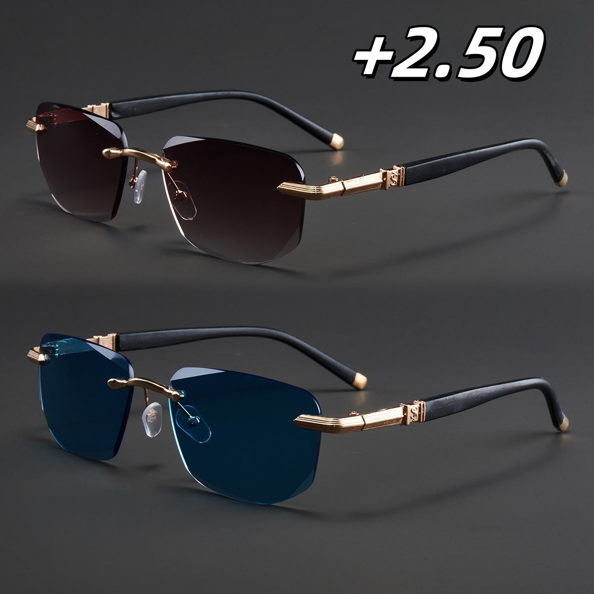 Two Pairs, Bundled Set, Stylish, Men'S, Exquisite, Luxurious, Rimless, Beveled Edge, Reading Glasses, Metal Frame, Options: 100, 150, 200, 250, 300, 350, And 400 Degrees, Without Battery, Christmas Gifts