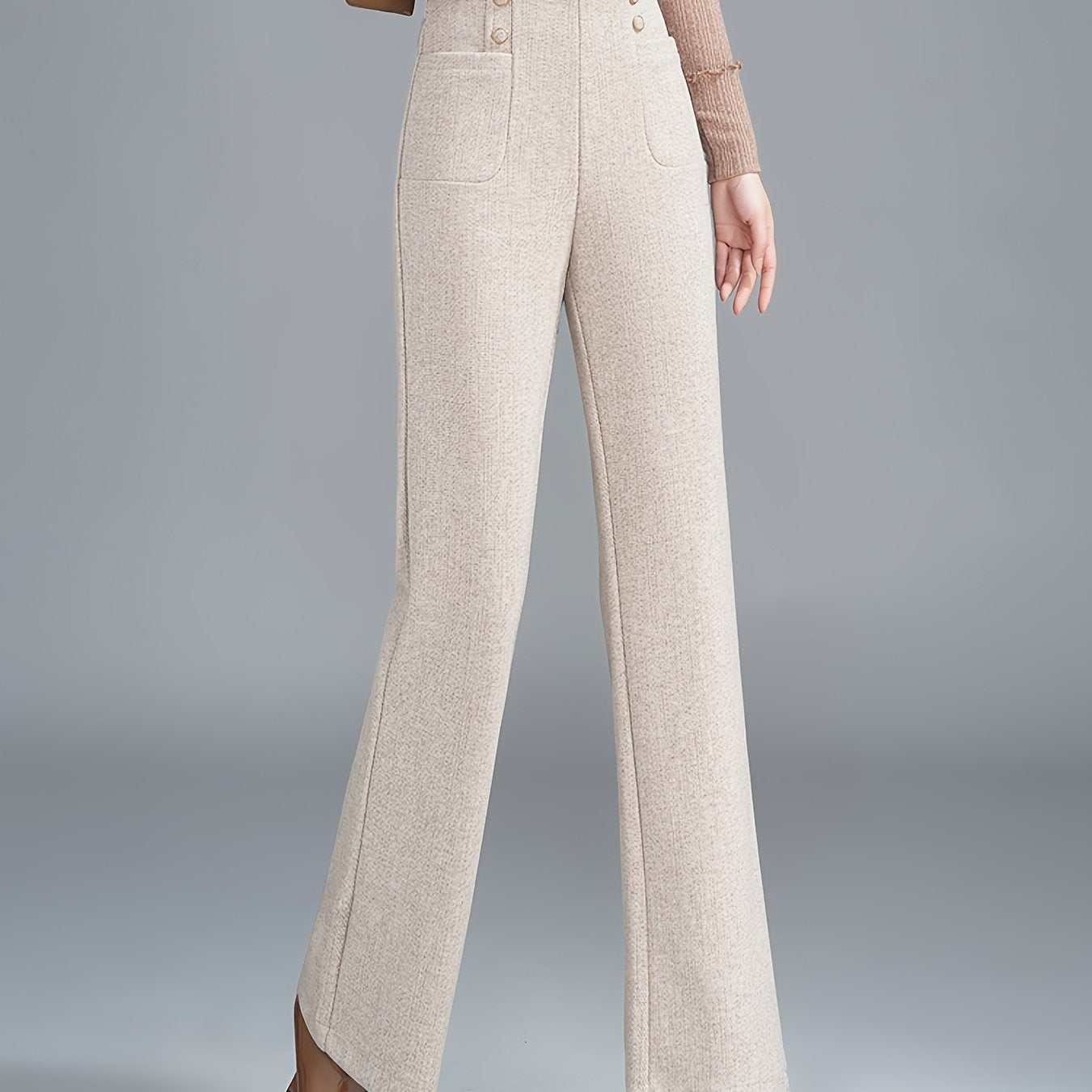 Pantalon Femme en Tweed Laine-Mélange – Jambe Droite, Taille Élastique avec Boutons, Marron Foncé, Automne/Hiver, Élégant et Décontracté