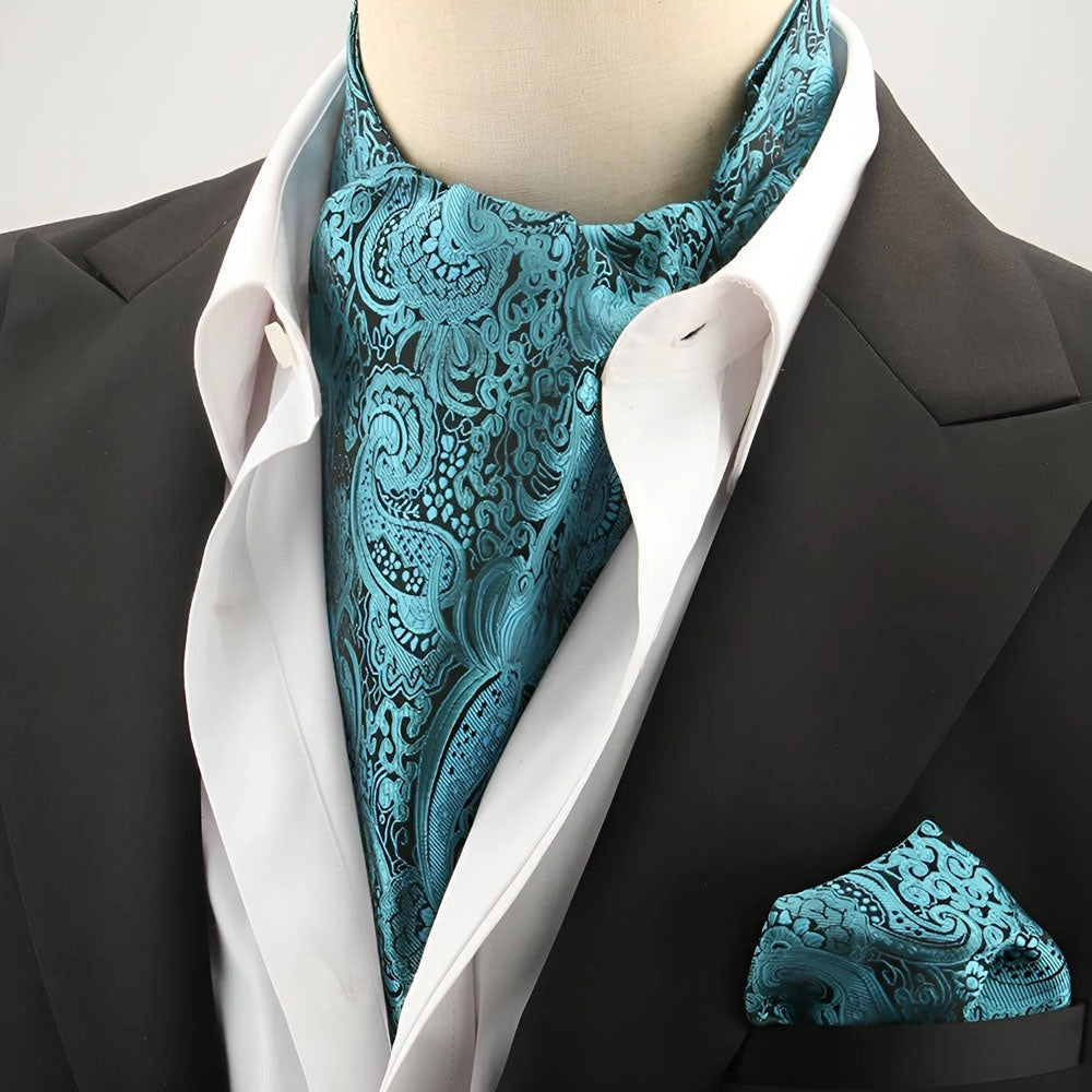 2pcs Ascot Homme – Écharpe et Pochette Style Rétro Britannique pour Mariages et Événements, Motifs Pois/Paisley/Fleur