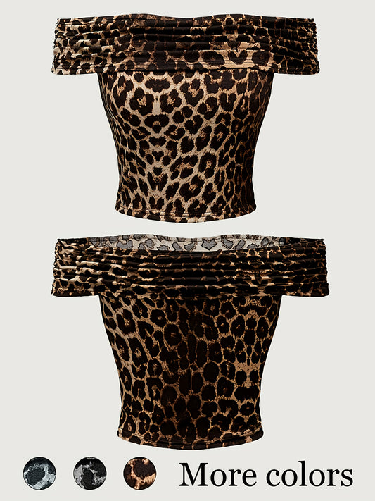 Top court à manches courtes pour femmes style punk Y2K motif léopard épaules dénudées sexy mode décontractée