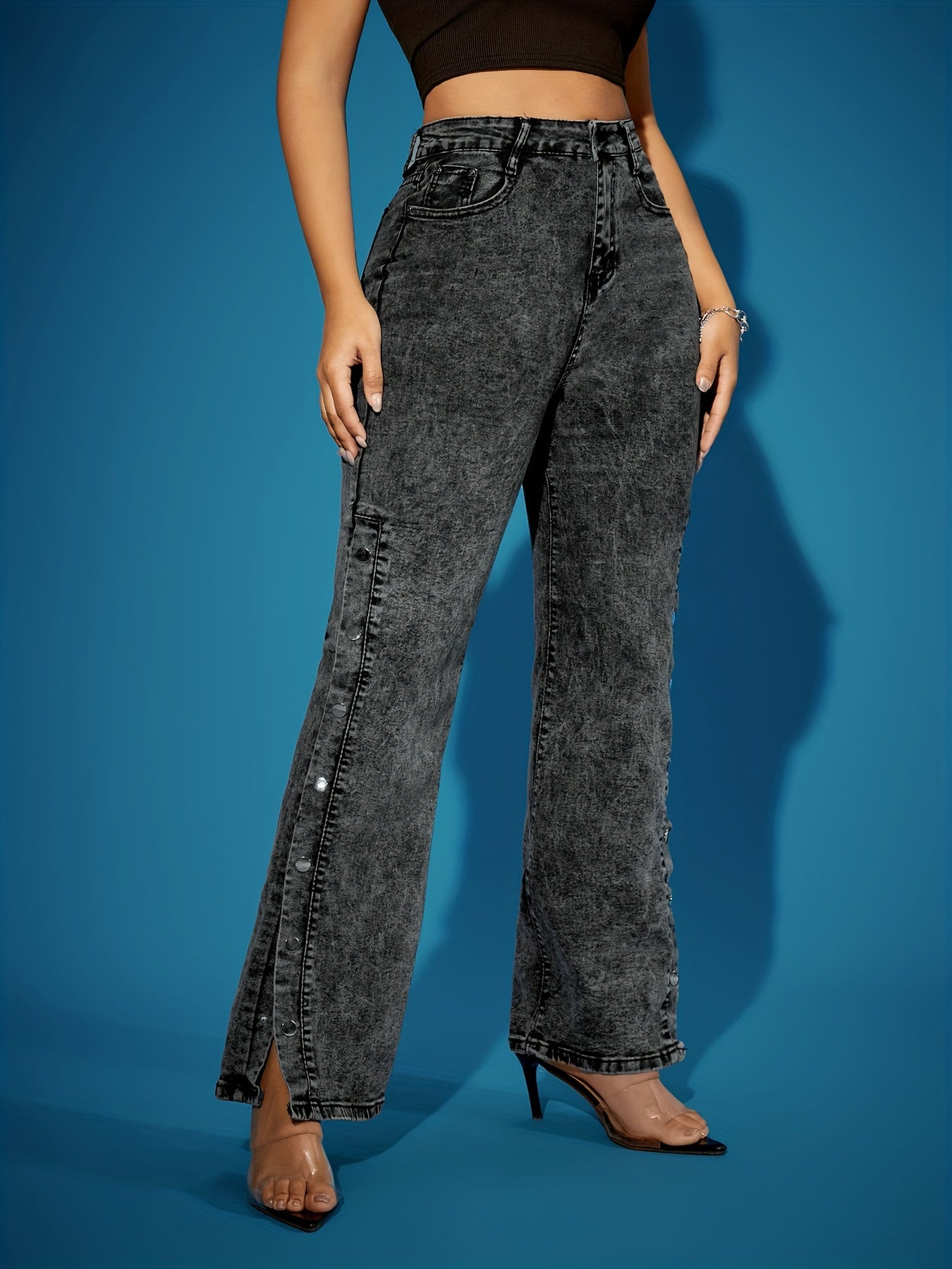 Jeans Femme Rétro Jambe Droite Boutons Frontaux