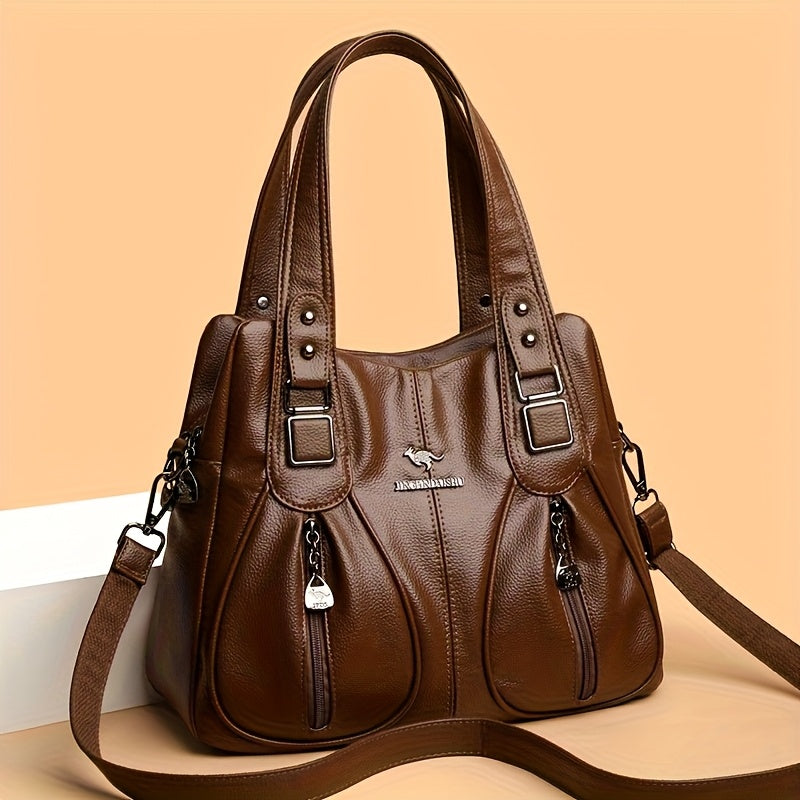 Sac Cabas Femme Luxe Léger – Marron Élégant avec Accents Métalliques, Bandoulière Ajustable, Multiples Poches, Bandoulière Amovible pour Utilisation en Sac à Main, Épaule ou Bandoulière, Sac Polyvalent | Accessoire Élégant | Fermeture Zippée Durable