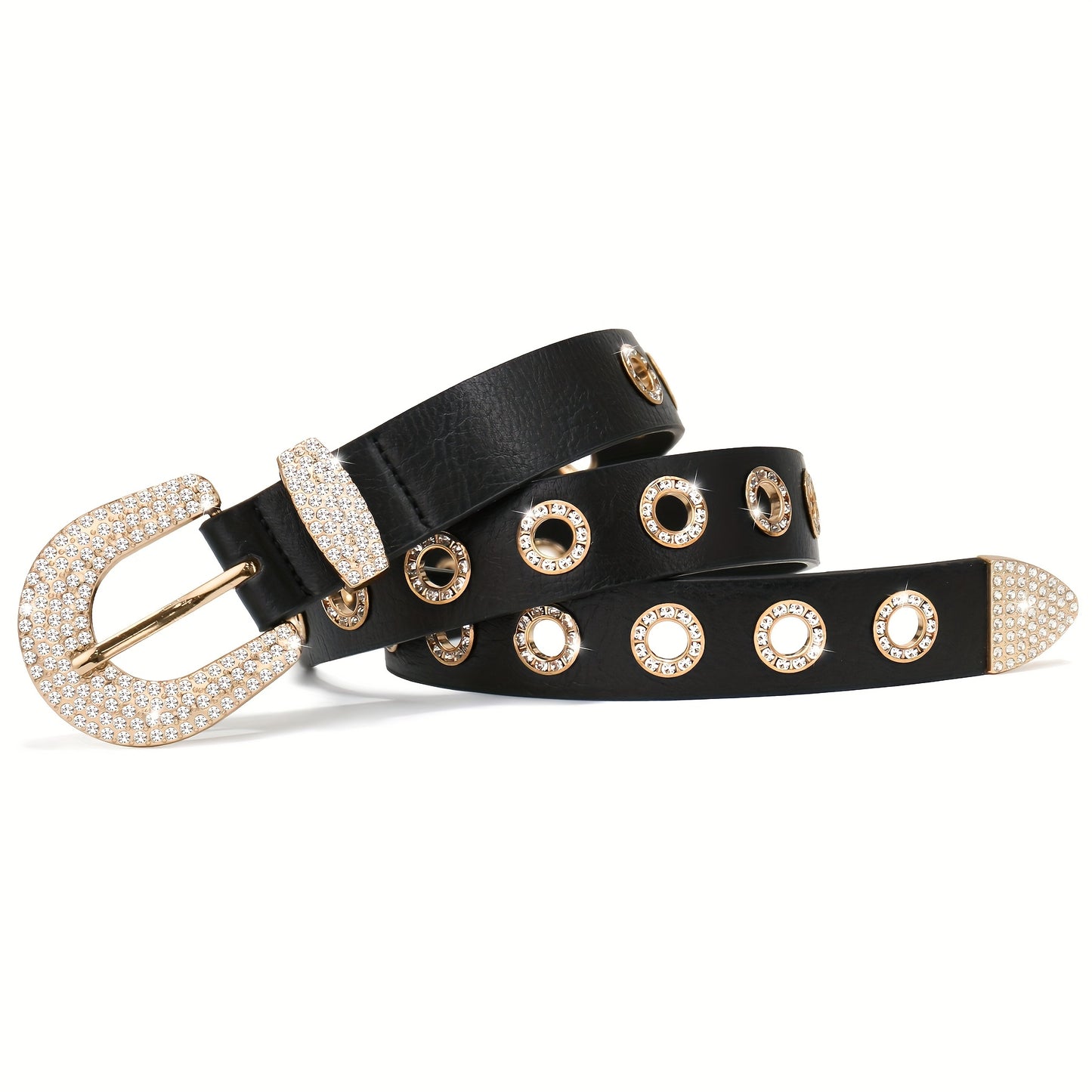 Ceinture punk en simili cuir pour femmes – Œillets cloutés et strass, style rock robuste avec boucles carrée et ronde, éléments dorés, noir et doré/marron, polyvalente pour jeans, robes et pantalons