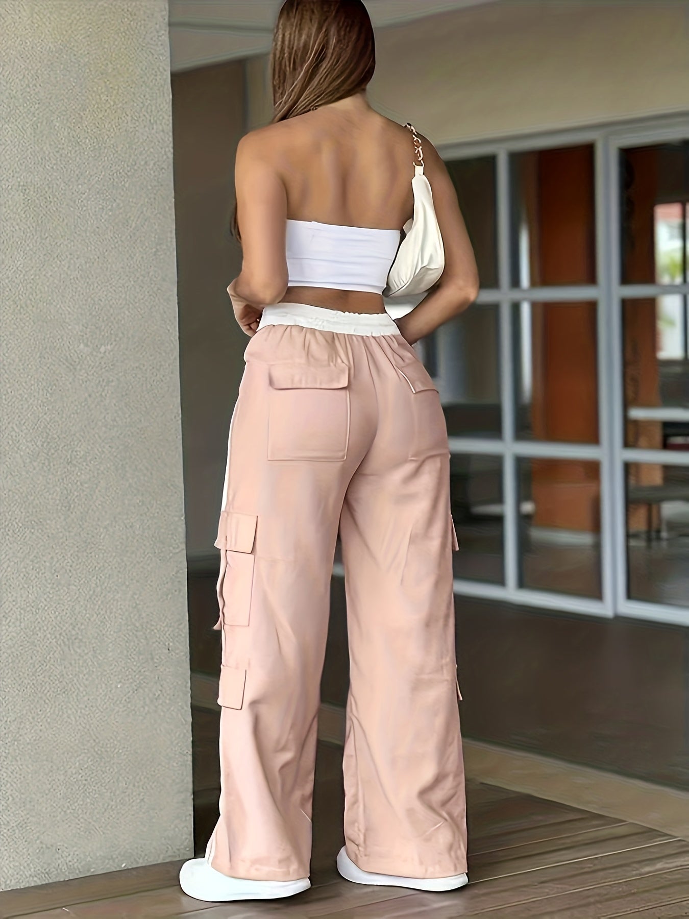 Pantalon Cargo Femme Robuste – Bandes Blanches et Grandes Poches, Tous Saisons, Sans Ceinture