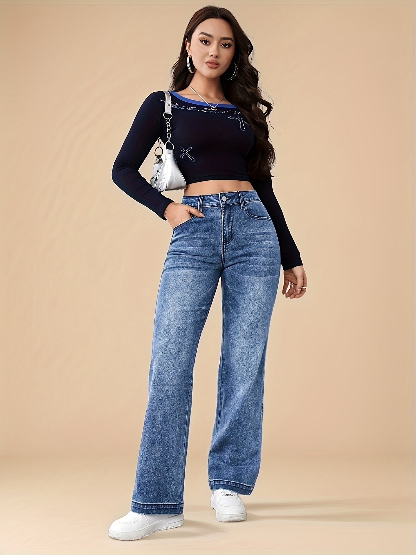 Jean droit stretch pour femme, pantalon décontracté bleu avec poches, confortable et élégant en toutes saisons, lavable en machine