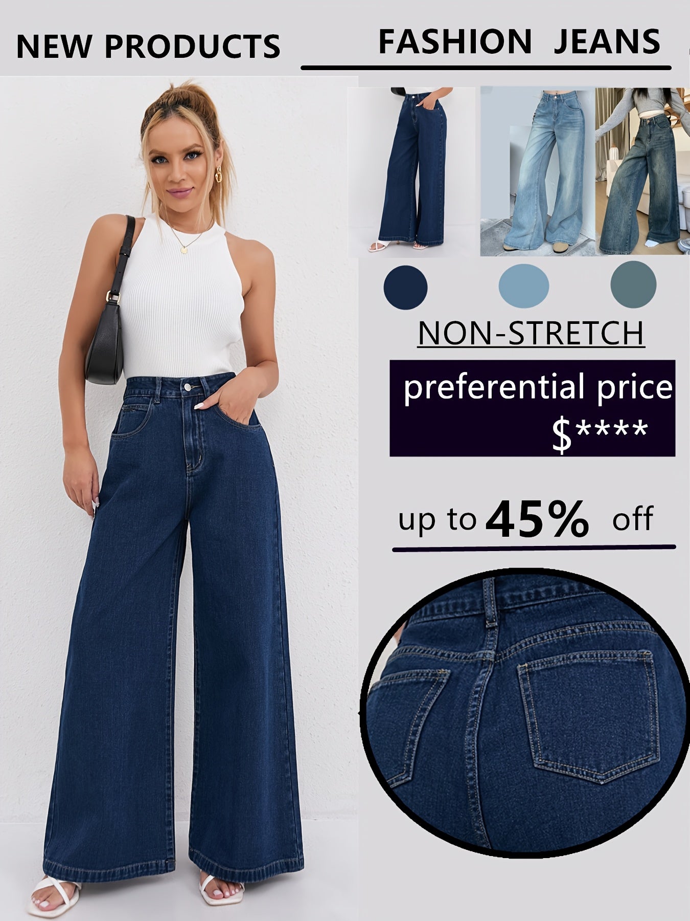 Jeans Femme Vintage Jambe Large Droite Non Extensible Taille Mi-Haute Toute Saison Décontracté et Formel