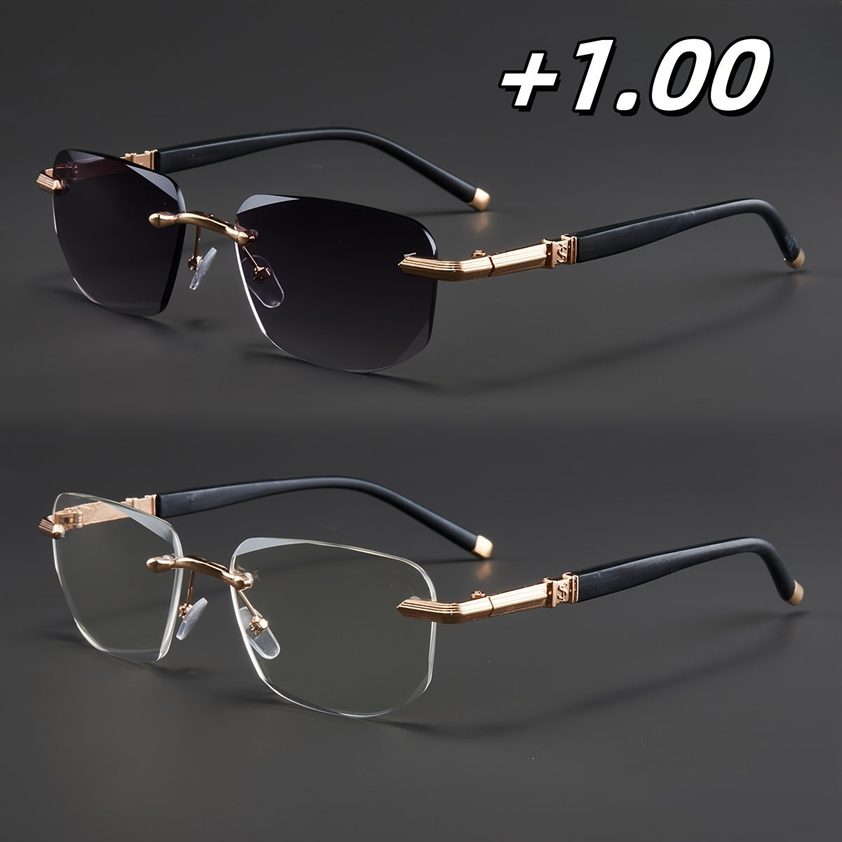 Two Pairs, Bundled Set, Stylish, Men'S, Exquisite, Luxurious, Rimless, Beveled Edge, Reading Glasses, Metal Frame, Options: 100, 150, 200, 250, 300, 350, And 400 Degrees, Without Battery, Christmas Gifts