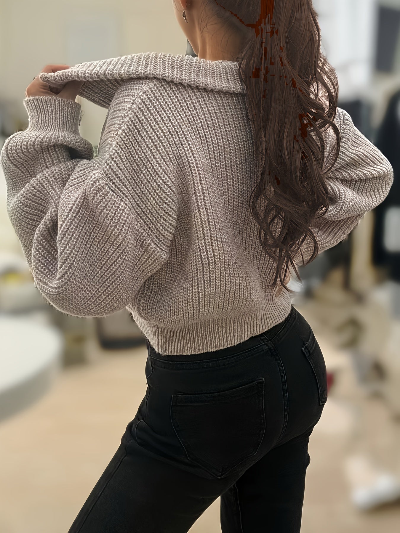 Pull court femme automne-hiver à demi-zip et manches lanterne – Pull côtelé élégant, coupe slim, tissu stretch mi-épais, lavable en machine, style décontracté chic, détail côtelé plié