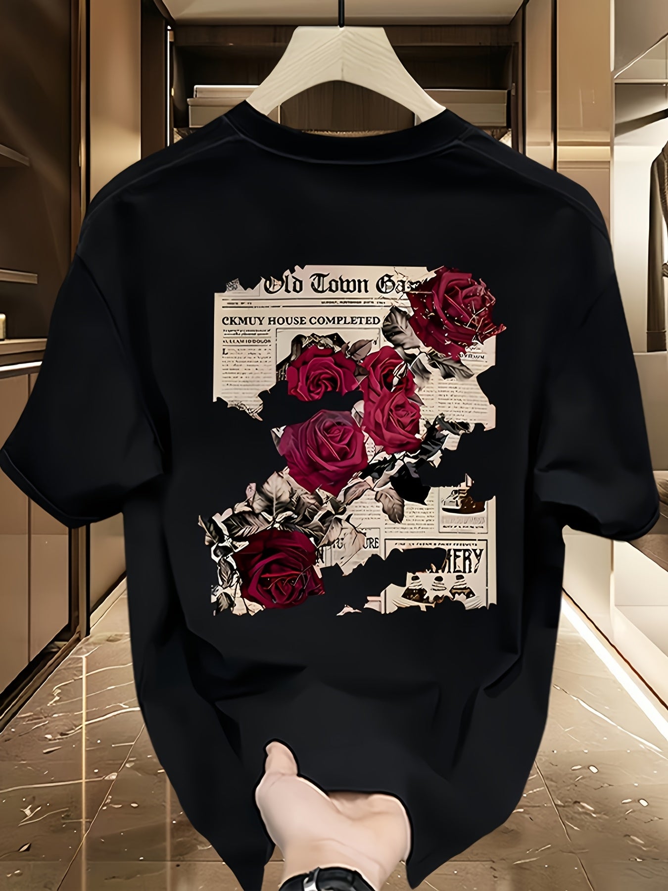 Men'S Heavyweight T-Shirt - Black Graphic Tee with Red Roses & Newspaper Print, Loose Fit Casual Shirt for Everyday & Formal Outfits - Breathable Summer Top for Teens & Adults - Everyday Essential Wardrobe Staple, Relaxed Out