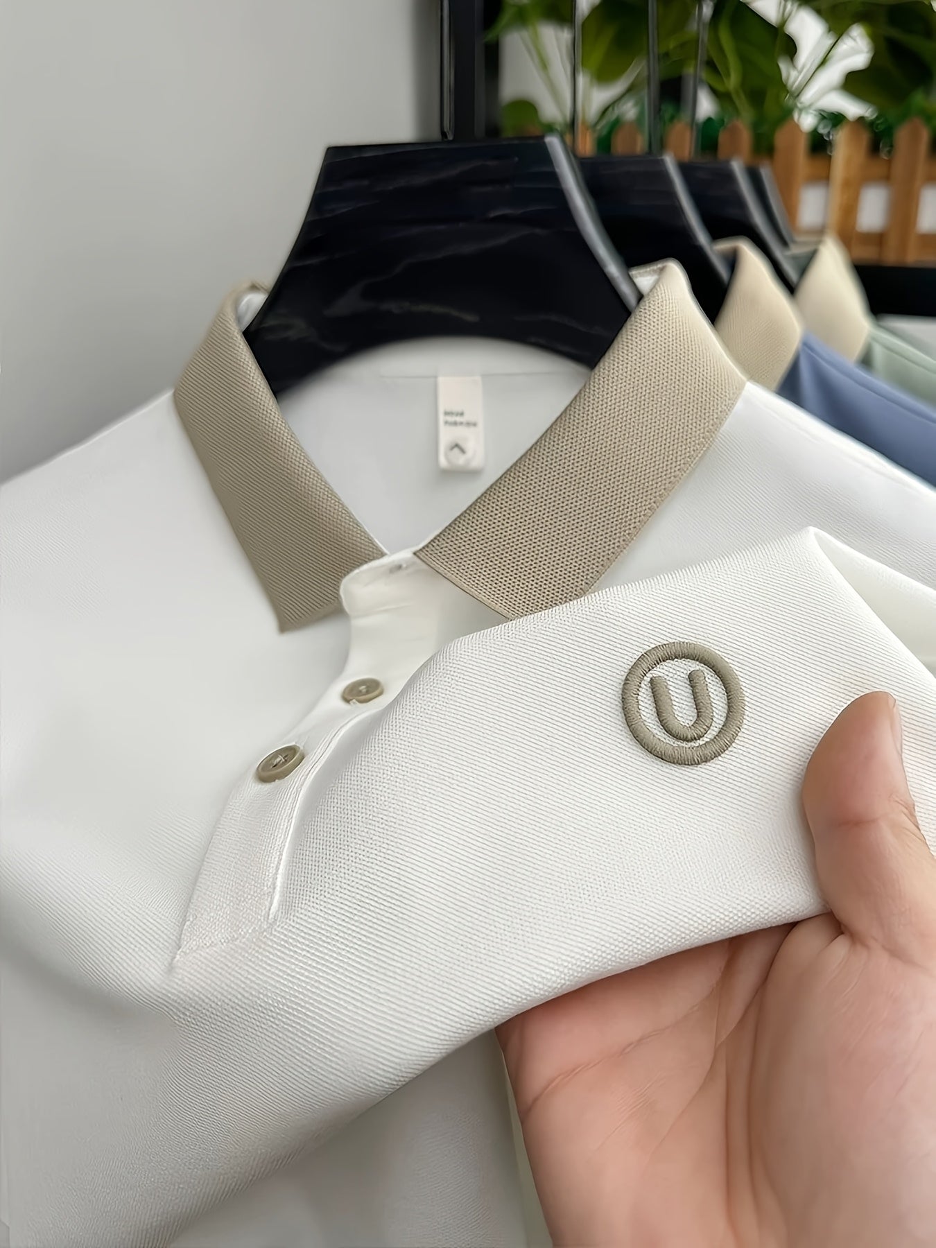 Men's Stylish Embroidered Shirt - Casual Short Sleeve, Button-Up Collar, White with Gray Collar & Cuff Accents, Soft Polyester Fabric, Perfect for Golf or Casual Attire, Golf Shirt | Embroidered Collar Detail | Smooth Texture