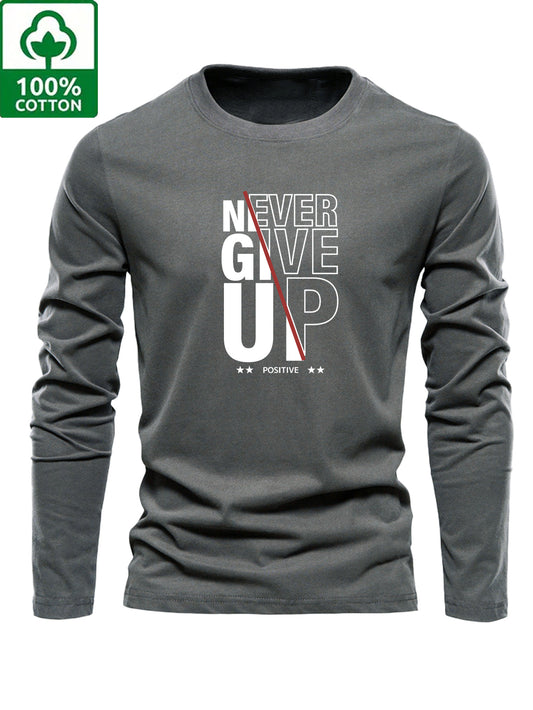 Men's 100% Cotton Oversized Long Sleeve T-Shirt with Never Give Up Slogan & Text - Motivational Lettering Print Casual Round Neck Top for Spring/Fall, Casual Attire (Grey) - 100% Cotton Fit