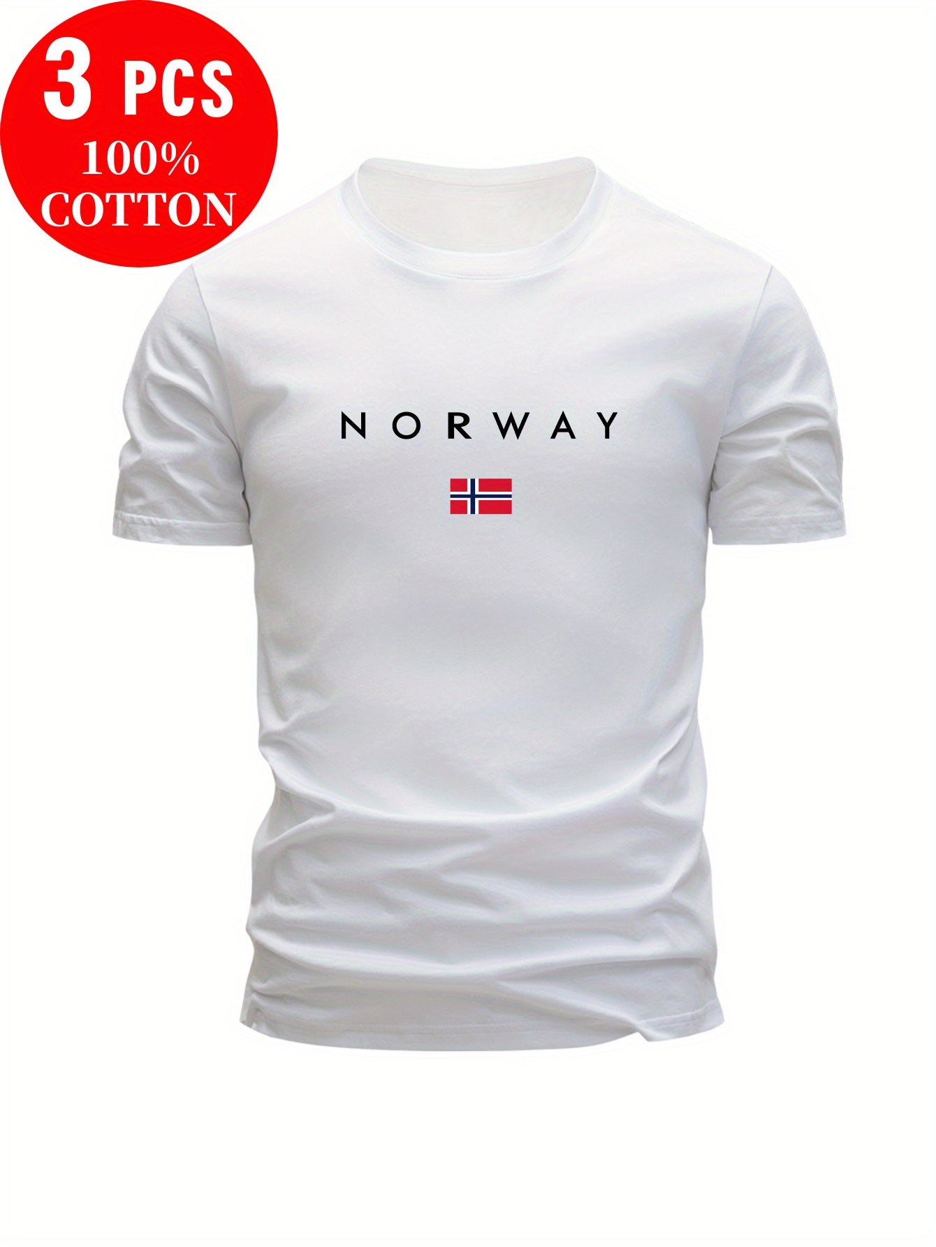 3pcs Men'S 100% Cotton T-Shirts - Breathable & Sweat-Wicking, Slim Fit Crew Neck Short Sleeve Tees with "NORWAY" Graphic Print, Casual Summer Tops in Black, White & Grey, Sweat-Resistant, Lightweight & Comfortable for Casual