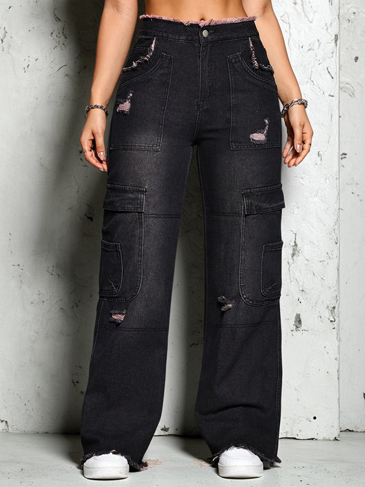 Jean cargo vintage déchiré et usé pour femme, pantalon droit taille haute rétro avec poches, style décontracté idéal pour l'automne