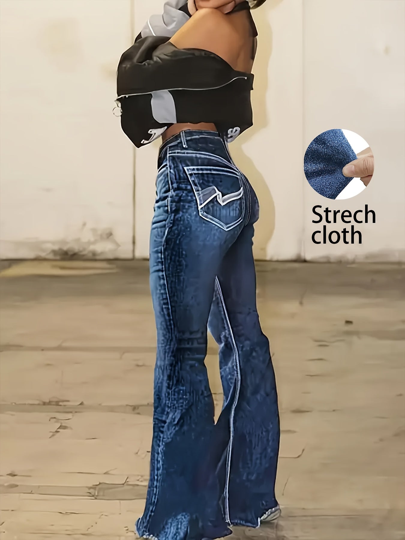 Jeans Femme Vintage Évasé Ourlet Brut Extensible Taille Haute Zippé Slim Noir Toute Saison Décontracté et Stylé