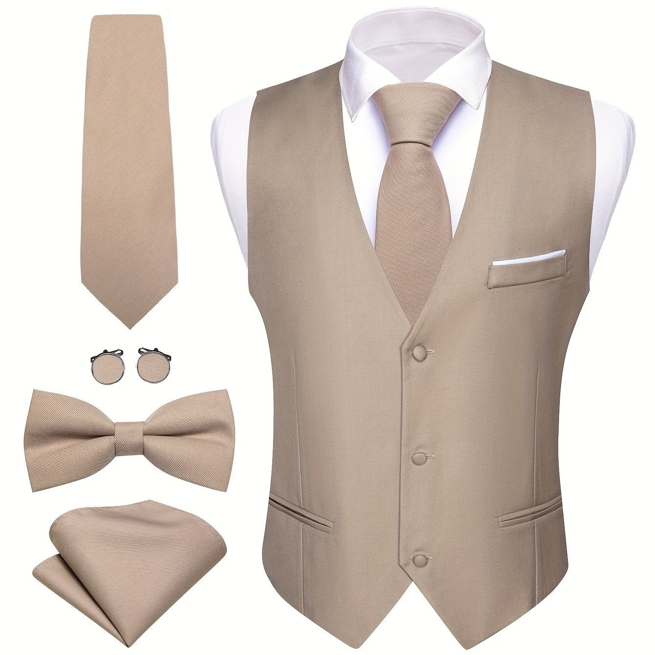 Gilet Homme avec Cravate, Nœud Papillon, Pochette & Boutons de Manchette – Mariage & Fêtes