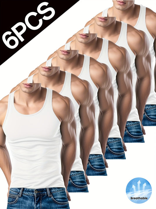 Lot de 6 Débardeurs Homme – Sans Manches, Respirants et Confortables, Couleur Unie, Extensibles, Printemps/Été