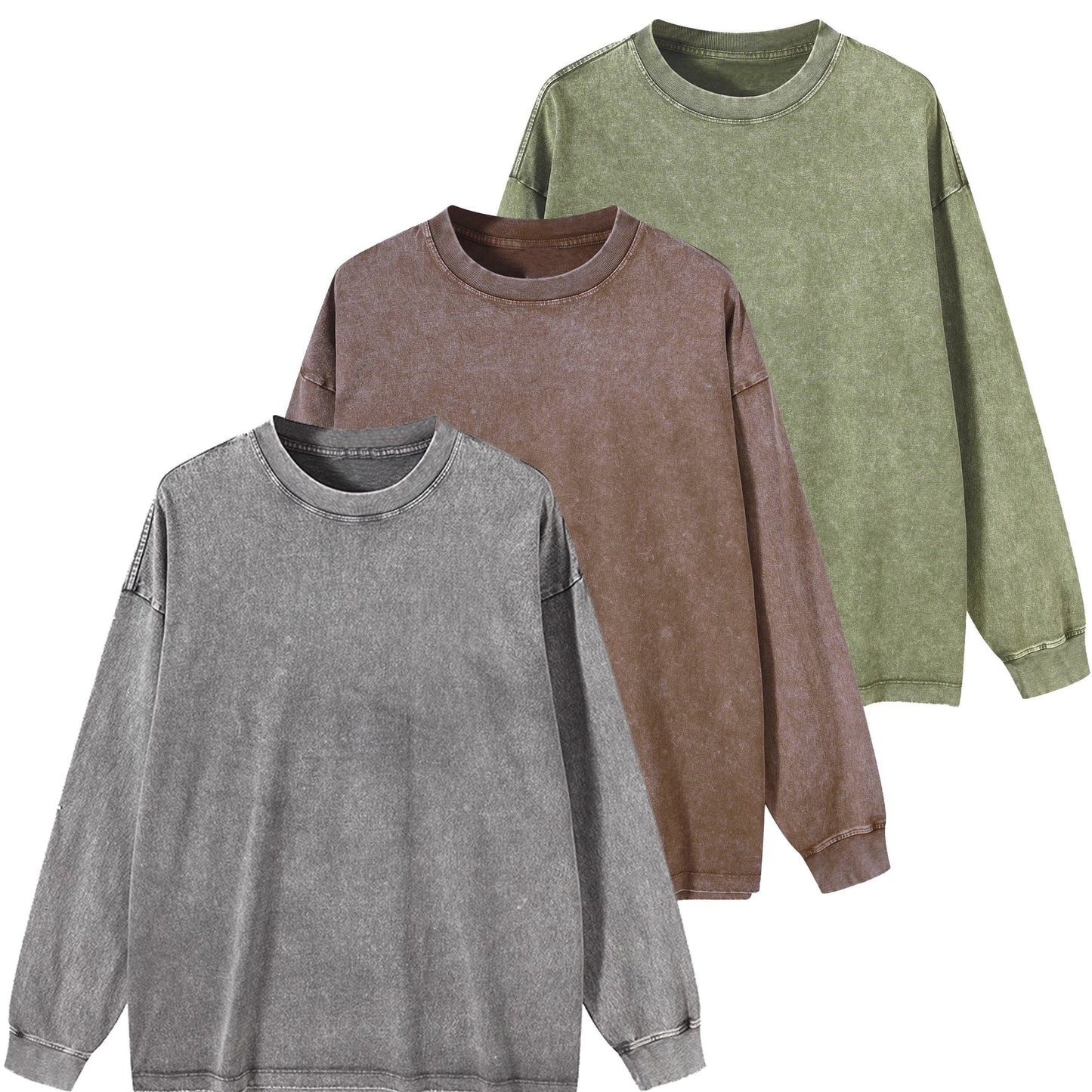 Lot de 3 t-shirts unisexes printemps/automne/hiver – manches longues, col rond côtelé, 240 g, coton pur lourd, style vintage usé délavé, tendance pour couples, nouveau