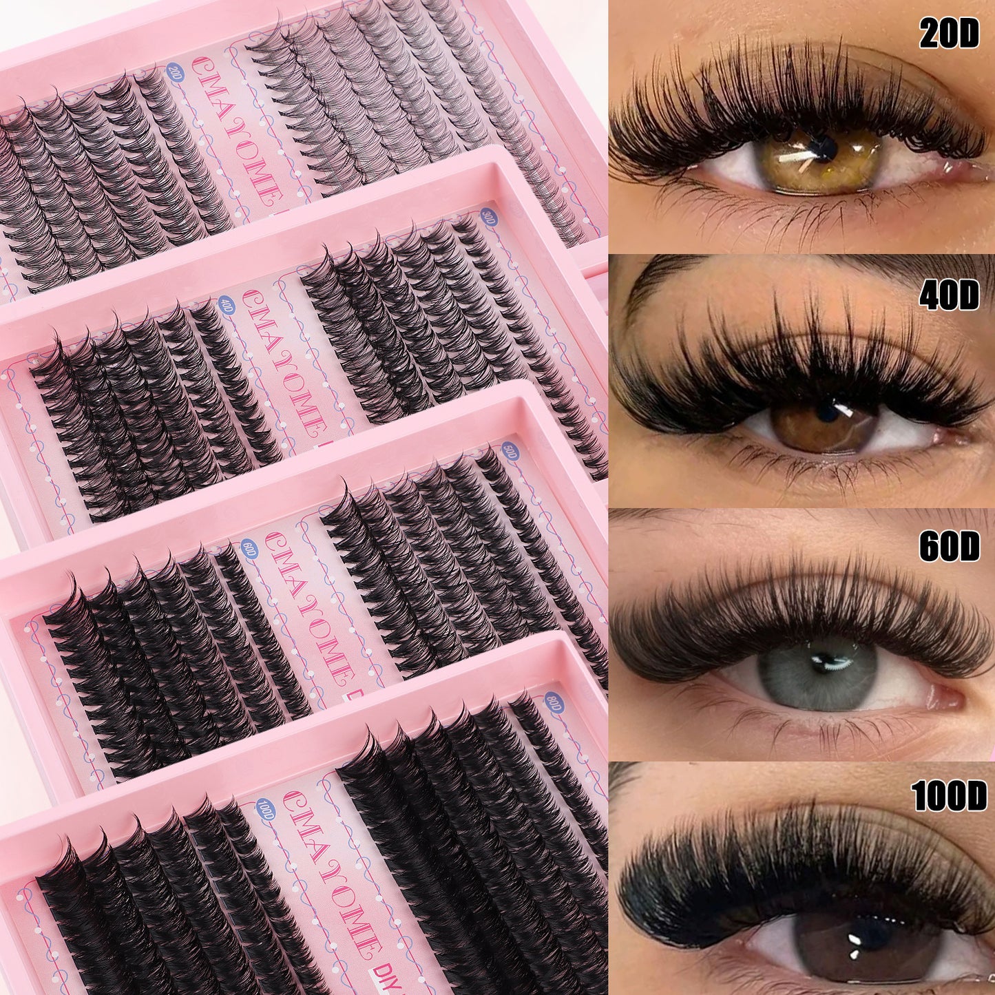 Kit d’extensions de cils DIY – cils naturels style fairy 30D/40D/50D/60D, longueurs mixtes 10-16 mm, courbure D, effet agrandissant les yeux, cils cartoon naturels, colle scellée et pince incluse